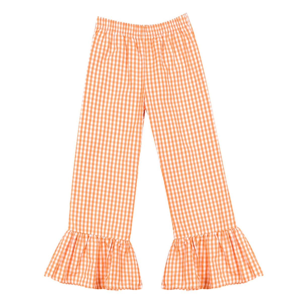 Orange and white gingham check wide-leg pants with ruffled hems, shown flat on a white background.