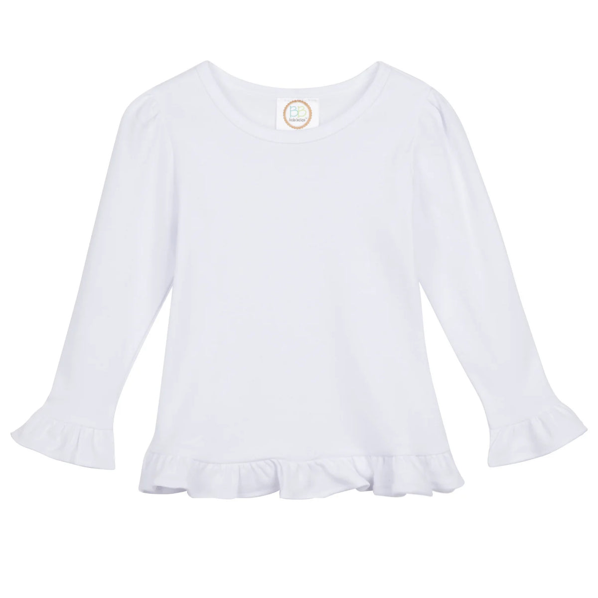 A white long-sleeve top for toddlers or young children, featuring a round neckline, puffed sleeves, and a ruffled hem, shown against a plain white background.