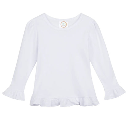 A white long-sleeve top for toddlers or young children, featuring a round neckline, puffed sleeves, and a ruffled hem, shown against a plain white background.