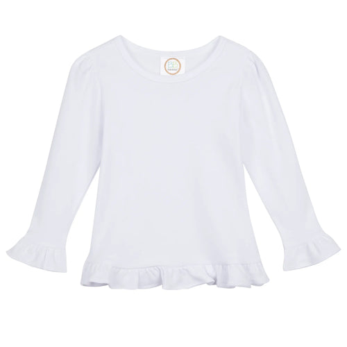 A white long-sleeve top for toddlers or young children, featuring a round neckline, puffed sleeves, and a ruffled hem, shown against a plain white background.