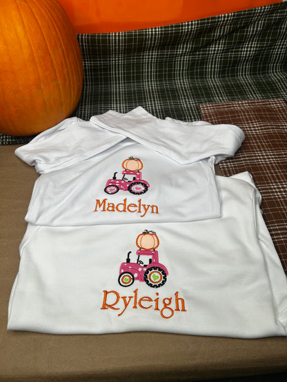 Girls’ Tractor & Pumpkin Appliqué Ruffle Shirt | Personalized Fall Tee