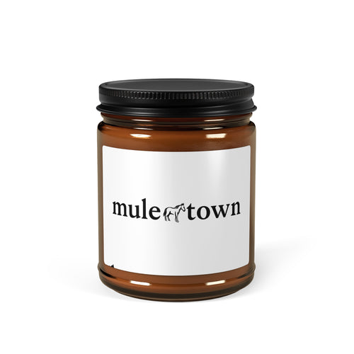 Brown candle jar with black lid and 'mule town' label on a white background
