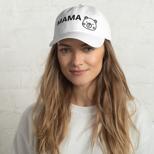 Person wearing a white cap with text on a plain background