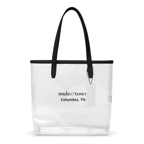 Clear tote bag with black handles and 'mule town' text on a white background