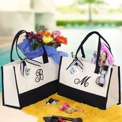 Cute tote bag Monogram Tote Bag with Initial 100% Cotton Canvas and a Chic Personalized Monogram, Beach Bag, Bridesmaid Bag Black