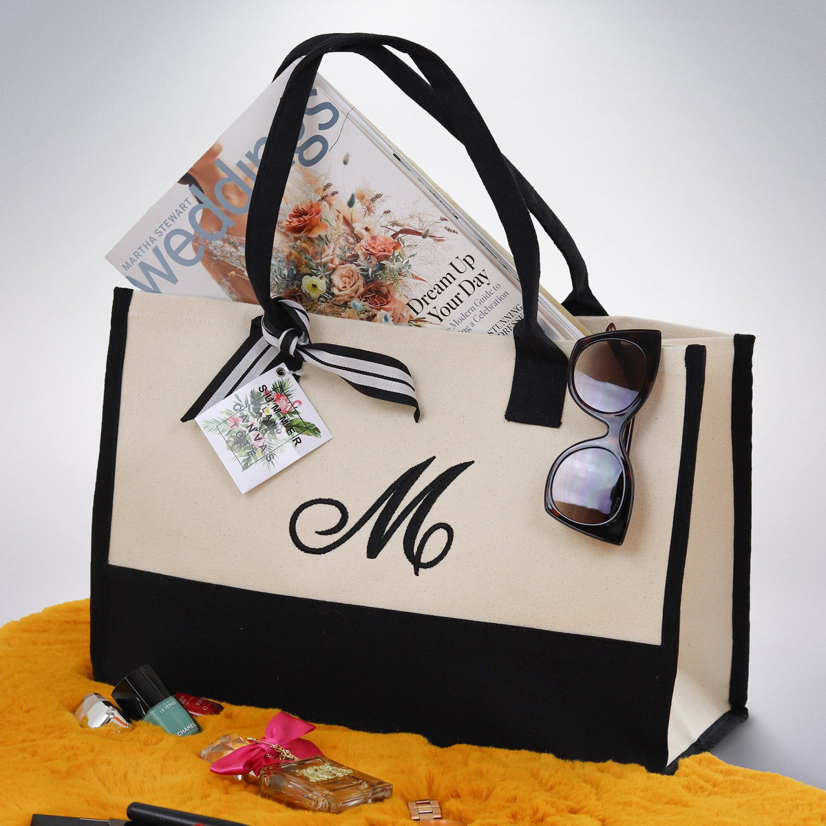 Cute tote bag Monogram Tote Bag with Initial 100% Cotton Canvas and a Chic Personalized Monogram, Beach Bag, Bridesmaid Bag Black