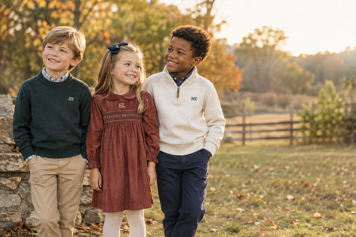 Kids in monogrammed fall outfits