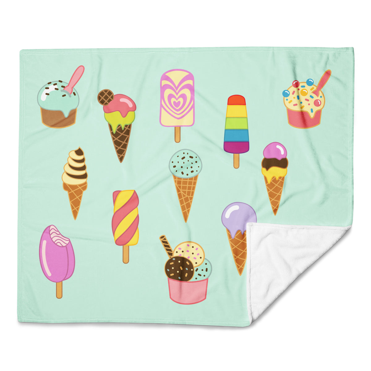 Blanket with ice cream cone and popsicle pattern on a light green background