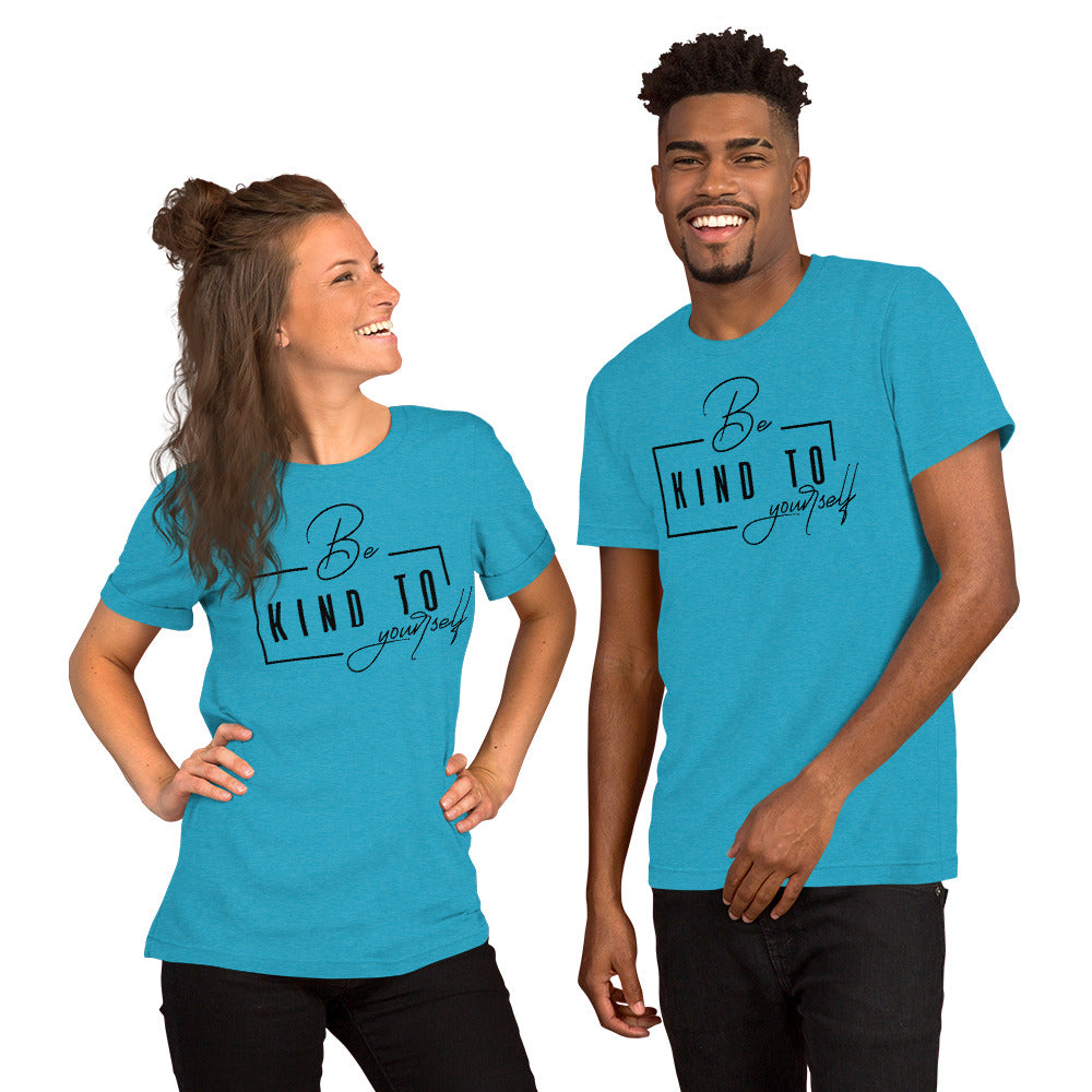 Two people wearing matching blue t-shirts with text 'be kind to yourself' on a white background