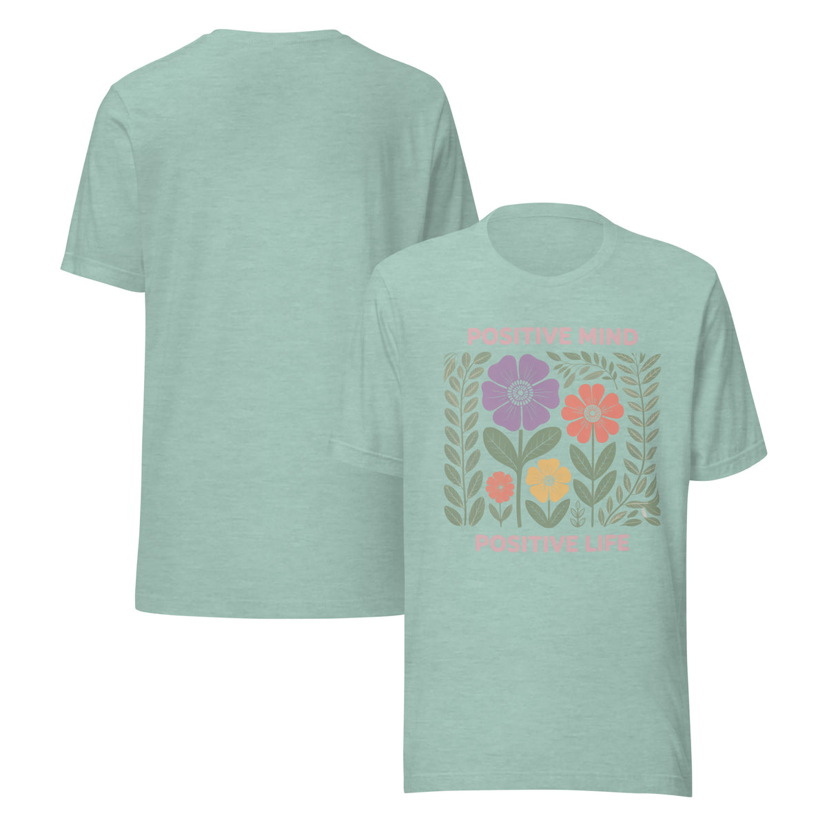 Light green t-shirt with floral design and text on a white background
