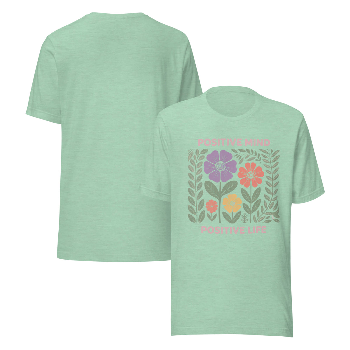 Light green t-shirt with floral design and text on a white background