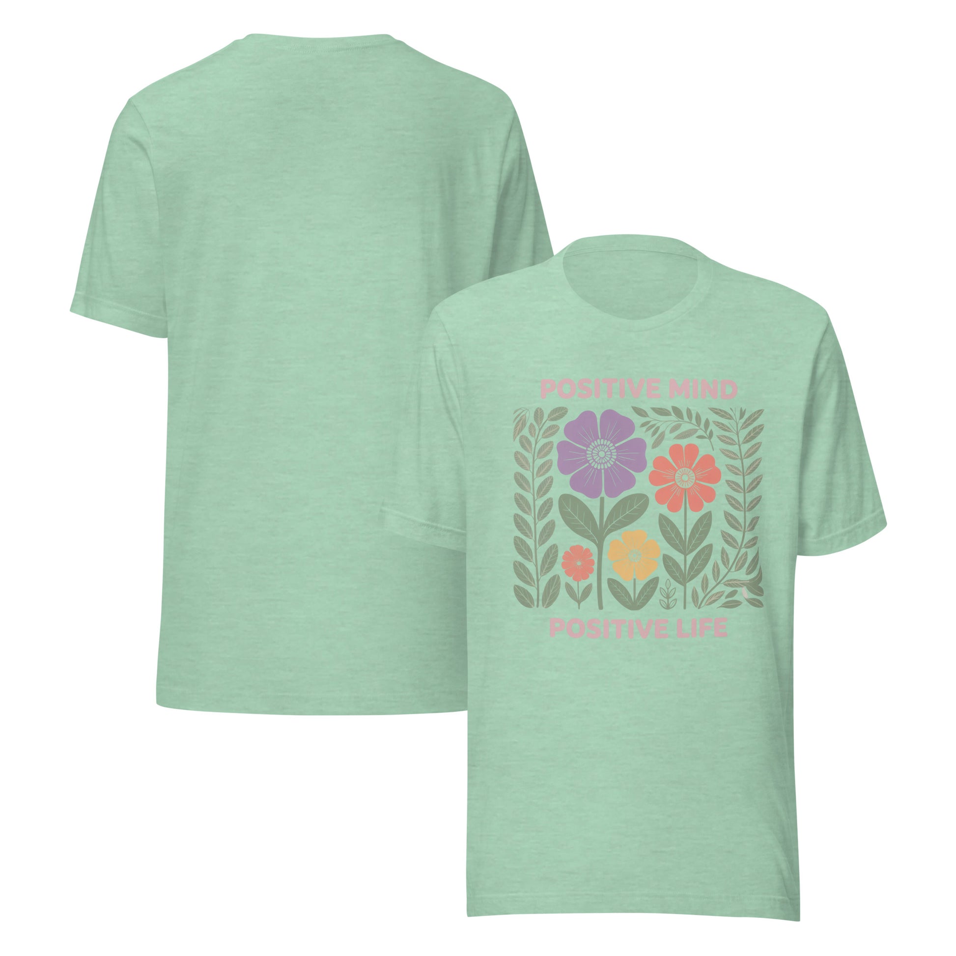 Light green t-shirt with floral design and text on a white background