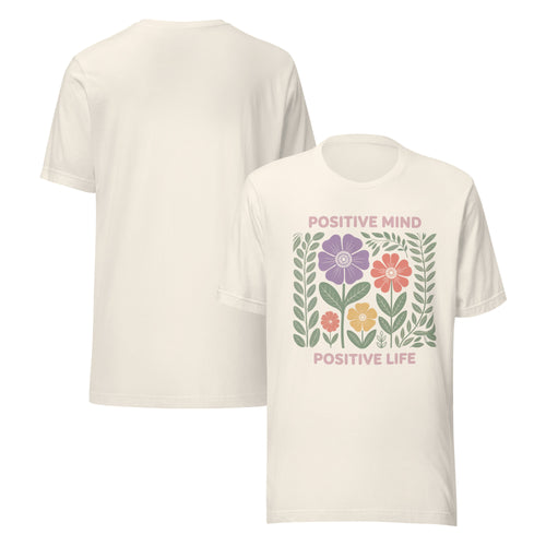 White t-shirt with floral design and 'Positive Mind Positive Life' text on a white background